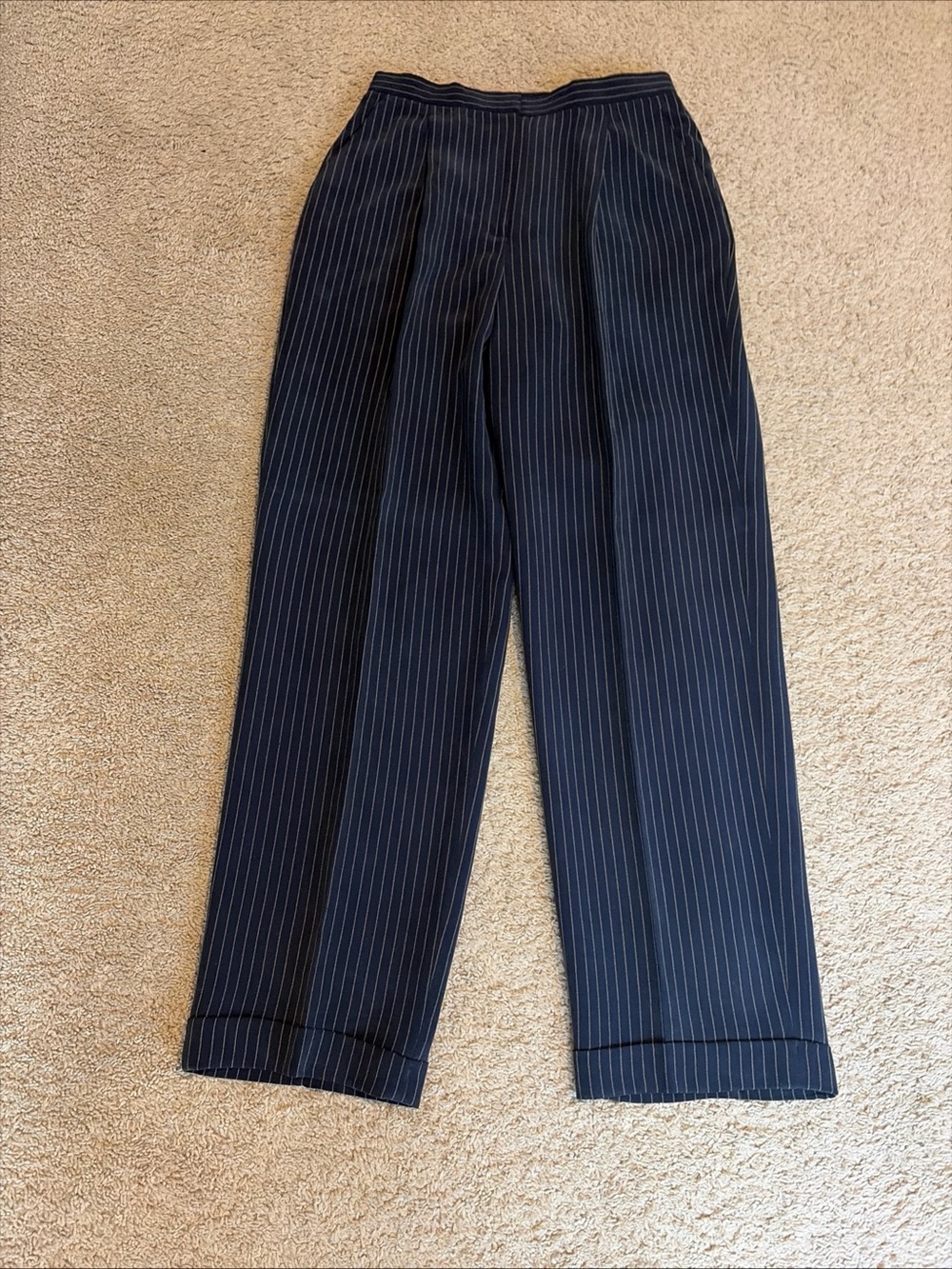 Lauren Ralph Lauren Navy Blue Tan Pinstriped Trouser Pants 100% Silk Size 8